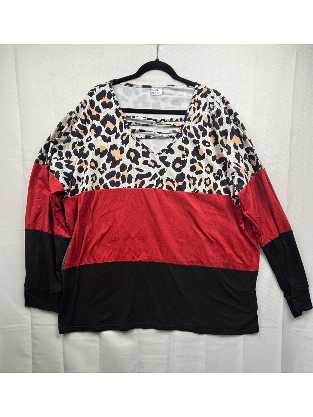 Plus Size 4XL Colorblock Leopard Print Long Sleeve Top